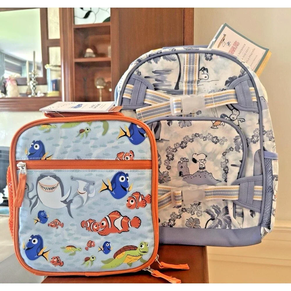 School Pottery barn SNOOPY NEMO BACKPACK +LUNCH BOX BAG Peanuts travel shark .